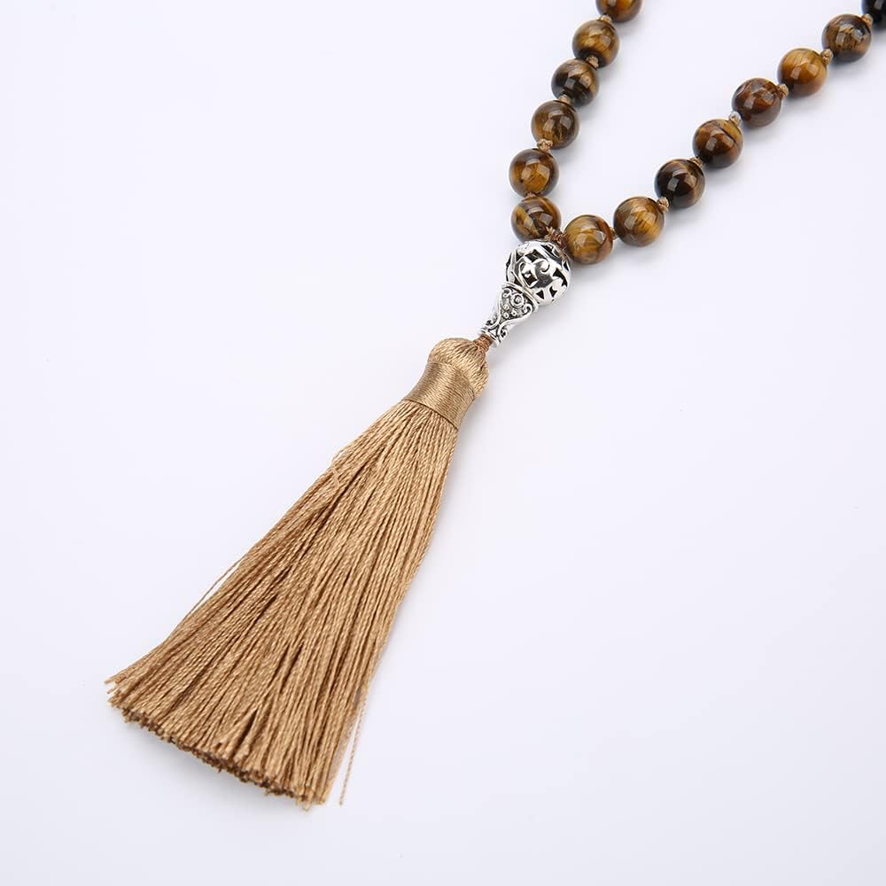 108 Mala Prayer Beads Necklace Natural Stones Meditation Yoga Jewery 108 Hand Knotted Japa Mala Beaded Long Tassel Necklace with Tree of Life Pendant for Men and Women