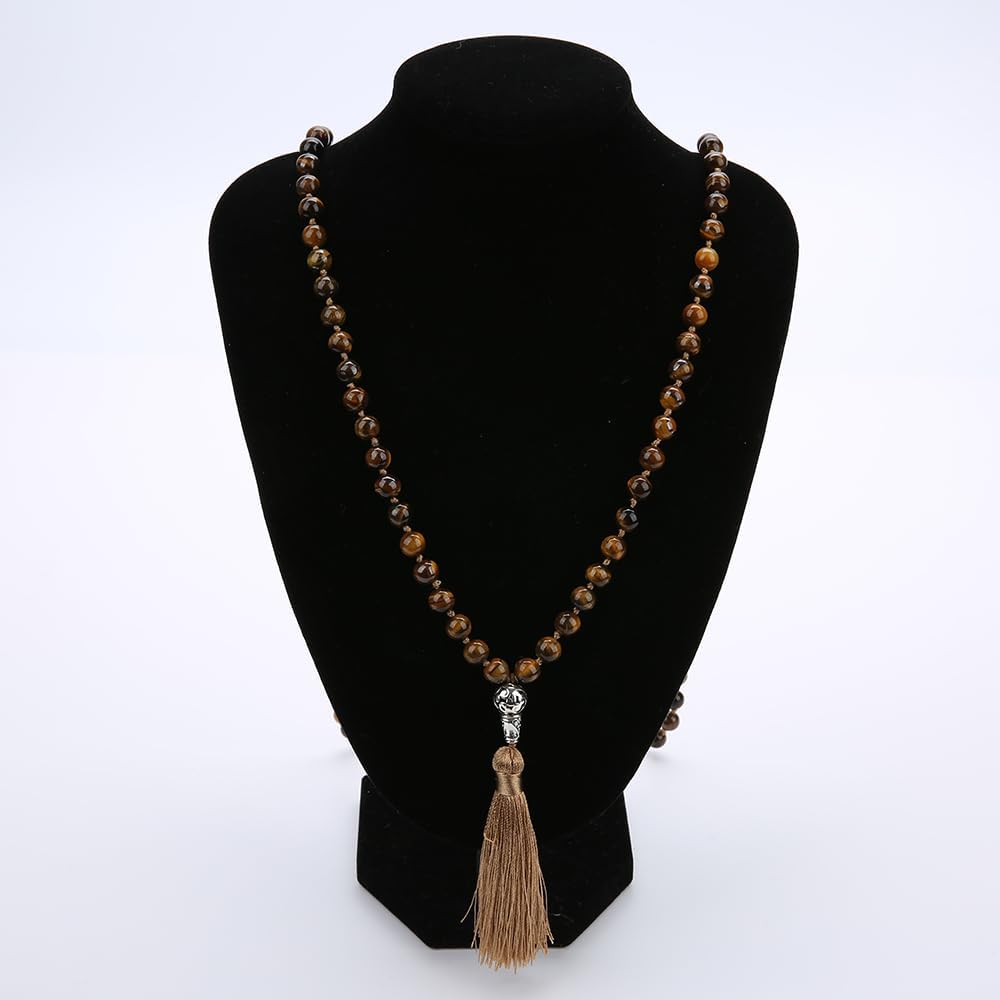 108 Mala Prayer Beads Necklace Natural Stones Meditation Yoga Jewery 108 Hand Knotted Japa Mala Beaded Long Tassel Necklace with Tree of Life Pendant for Men and Women
