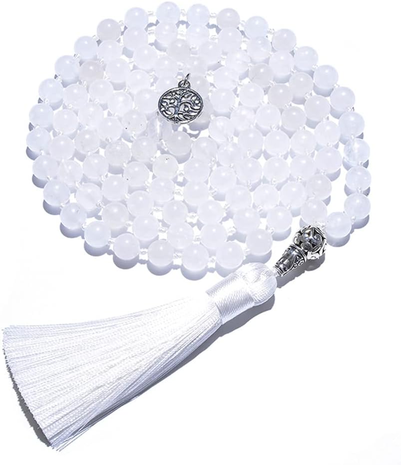 108 Mala Prayer Beads Necklace Natural Stones Meditation Yoga Jewery 108 Hand Knotted Japa Mala Beaded Long Tassel Necklace with Tree of Life Pendant for Men and Women