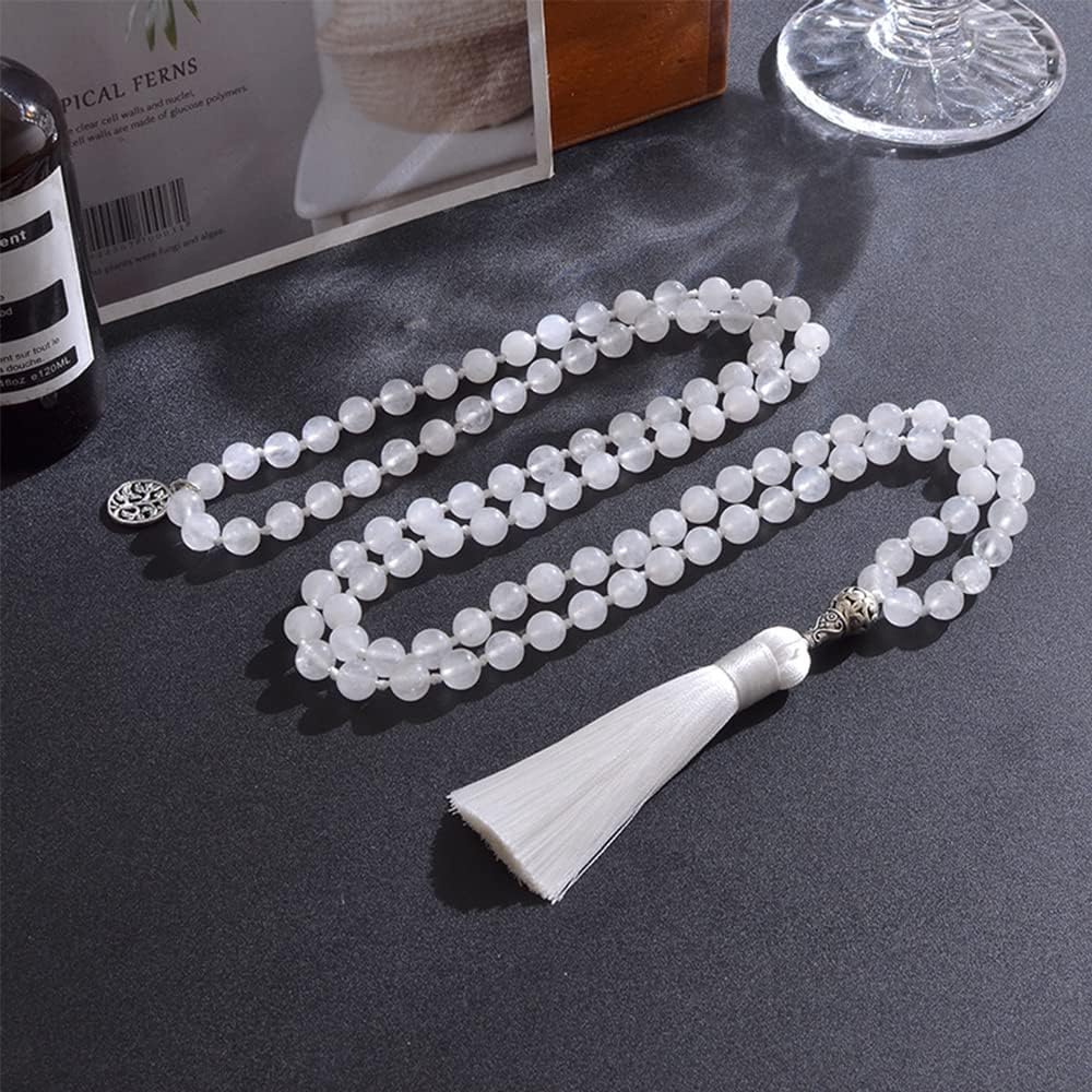 108 Mala Prayer Beads Necklace Natural Stones Meditation Yoga Jewery 108 Hand Knotted Japa Mala Beaded Long Tassel Necklace with Tree of Life Pendant for Men and Women