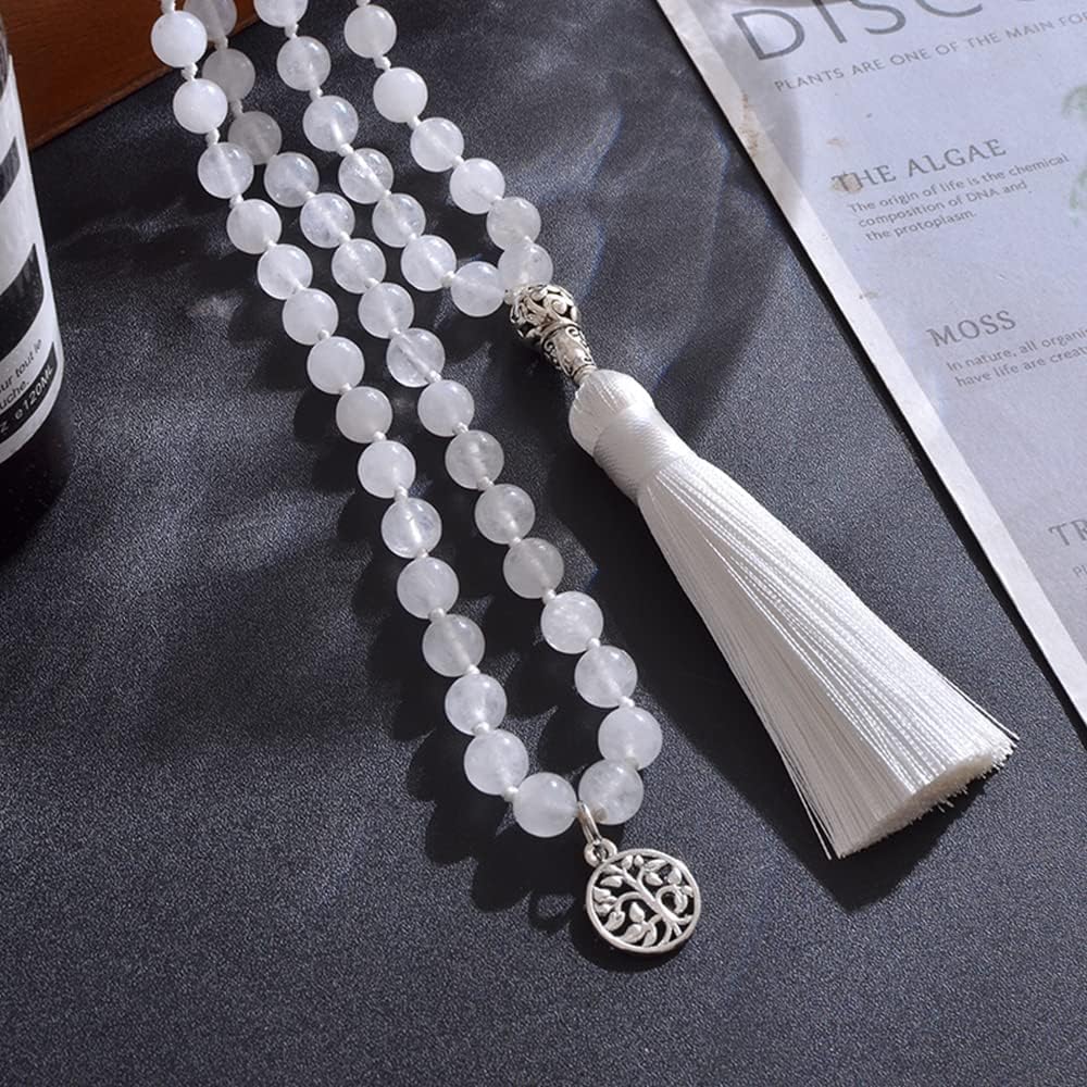 108 Mala Prayer Beads Necklace Natural Stones Meditation Yoga Jewery 108 Hand Knotted Japa Mala Beaded Long Tassel Necklace with Tree of Life Pendant for Men and Women