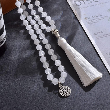 108 Mala Prayer Beads Necklace Natural Stones Meditation Yoga Jewery 108 Hand Knotted Japa Mala Beaded Long Tassel Necklace with Tree of Life Pendant for Men and Women