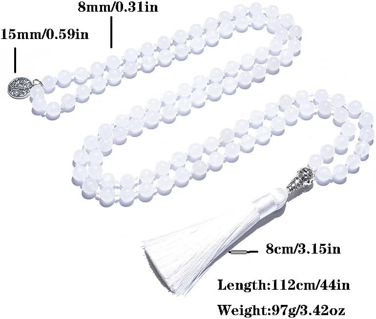 108 Mala Prayer Beads Necklace Natural Stones Meditation Yoga Jewery 108 Hand Knotted Japa Mala Beaded Long Tassel Necklace with Tree of Life Pendant for Men and Women