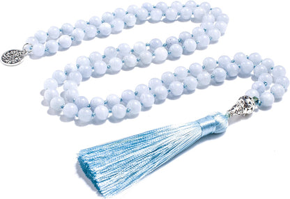 108 Mala Prayer Beads Necklace Natural Stones Meditation Yoga Jewery 108 Hand Knotted Japa Mala Beaded Long Tassel Necklace with Tree of Life Pendant for Men and Women
