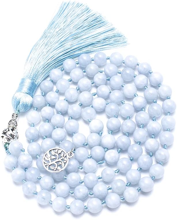 108 Mala Prayer Beads Necklace Natural Stones Meditation Yoga Jewery 108 Hand Knotted Japa Mala Beaded Long Tassel Necklace with Tree of Life Pendant for Men and Women