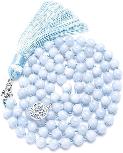 108 Mala Prayer Beads Necklace Natural Stones Meditation Yoga Jewery 108 Hand Knotted Japa Mala Beaded Long Tassel Necklace with Tree of Life Pendant for Men and Women