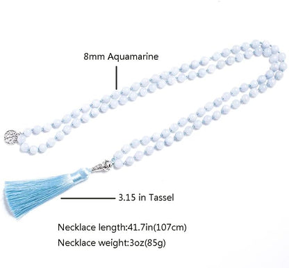 108 Mala Prayer Beads Necklace Natural Stones Meditation Yoga Jewery 108 Hand Knotted Japa Mala Beaded Long Tassel Necklace with Tree of Life Pendant for Men and Women