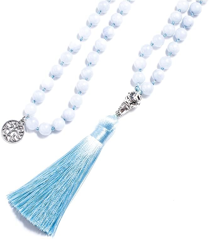 108 Mala Prayer Beads Necklace Natural Stones Meditation Yoga Jewery 108 Hand Knotted Japa Mala Beaded Long Tassel Necklace with Tree of Life Pendant for Men and Women