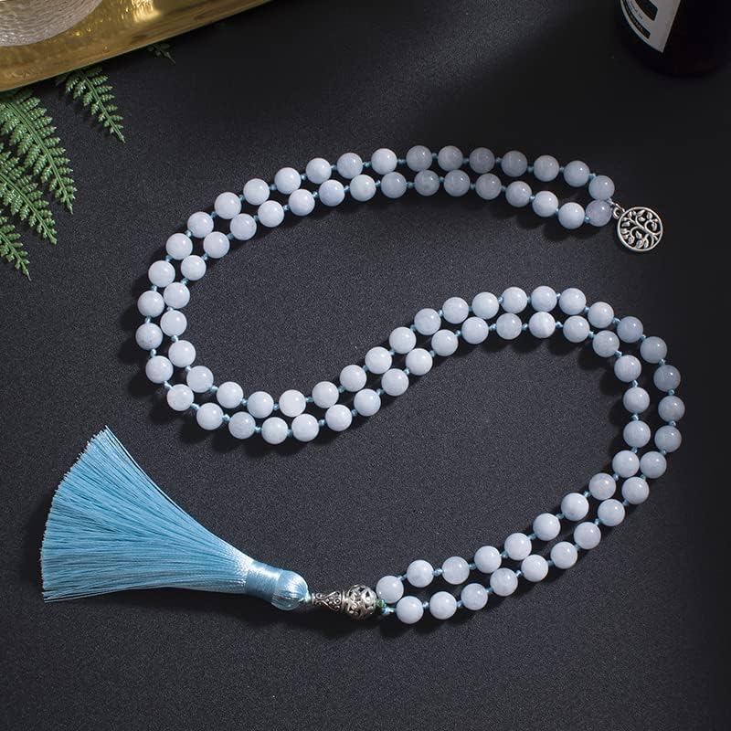 108 Mala Prayer Beads Necklace Natural Stones Meditation Yoga Jewery 108 Hand Knotted Japa Mala Beaded Long Tassel Necklace with Tree of Life Pendant for Men and Women
