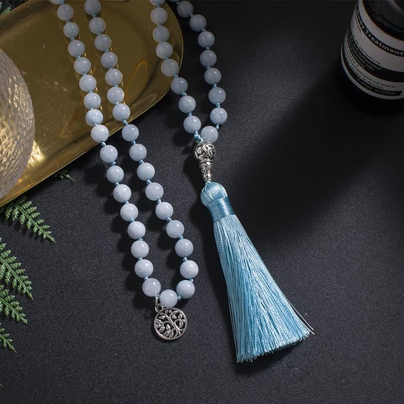 108 Mala Prayer Beads Necklace Natural Stones Meditation Yoga Jewery 108 Hand Knotted Japa Mala Beaded Long Tassel Necklace with Tree of Life Pendant for Men and Women