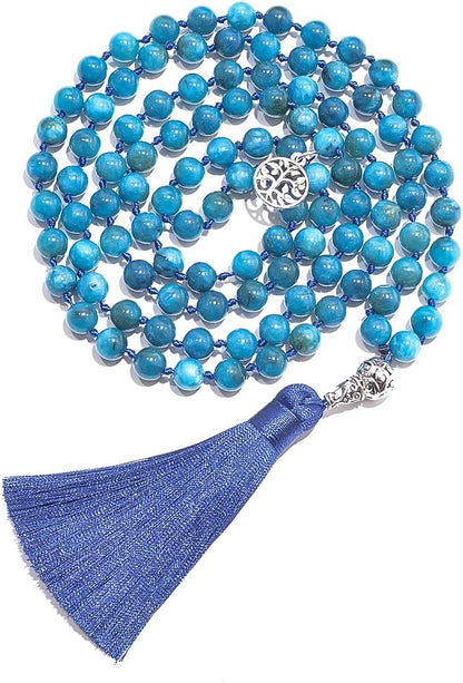 108 Mala Prayer Beads Necklace Natural Stones Meditation Yoga Jewery 108 Hand Knotted Japa Mala Beaded Long Tassel Necklace with Tree of Life Pendant for Men and Women
