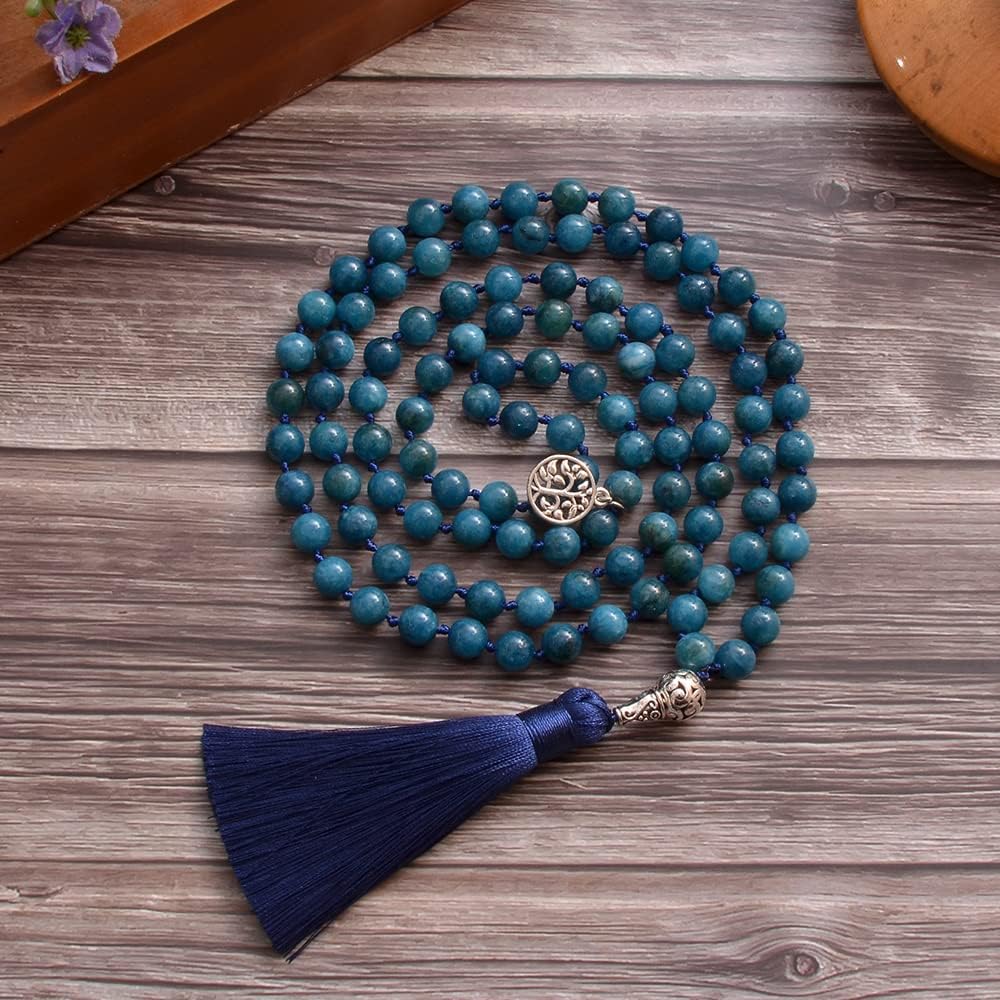 108 Mala Prayer Beads Necklace Natural Stones Meditation Yoga Jewery 108 Hand Knotted Japa Mala Beaded Long Tassel Necklace with Tree of Life Pendant for Men and Women