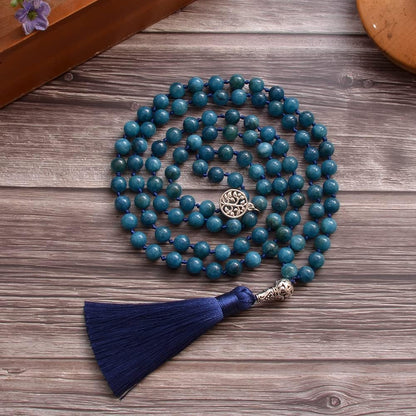 108 Mala Prayer Beads Necklace Natural Stones Meditation Yoga Jewery 108 Hand Knotted Japa Mala Beaded Long Tassel Necklace with Tree of Life Pendant for Men and Women