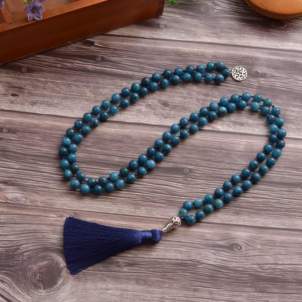 108 Mala Prayer Beads Necklace Natural Stones Meditation Yoga Jewery 108 Hand Knotted Japa Mala Beaded Long Tassel Necklace with Tree of Life Pendant for Men and Women