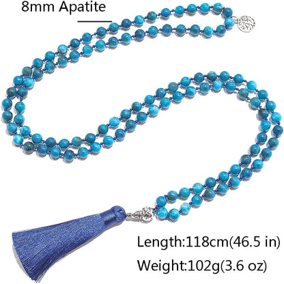 108 Mala Prayer Beads Necklace Natural Stones Meditation Yoga Jewery 108 Hand Knotted Japa Mala Beaded Long Tassel Necklace with Tree of Life Pendant for Men and Women