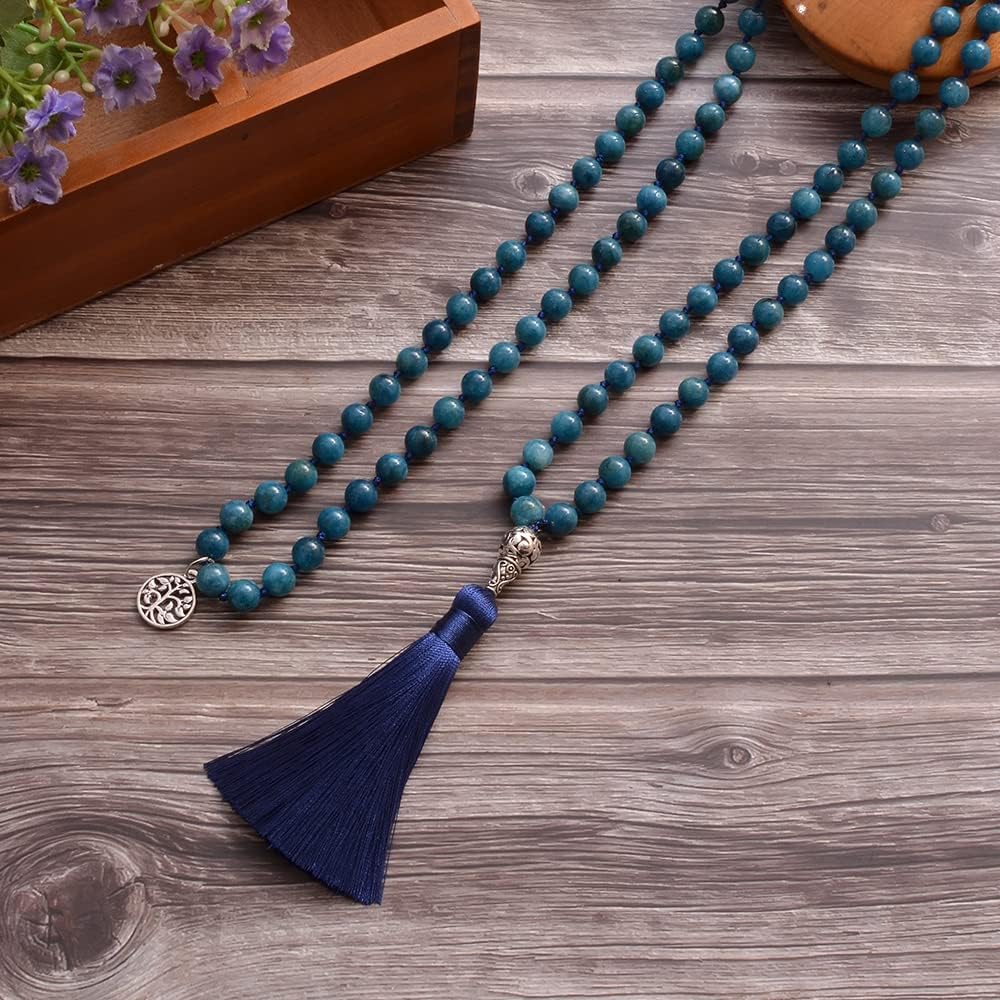 108 Mala Prayer Beads Necklace Natural Stones Meditation Yoga Jewery 108 Hand Knotted Japa Mala Beaded Long Tassel Necklace with Tree of Life Pendant for Men and Women