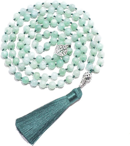 108 Mala Prayer Beads Necklace Natural Stones Meditation Yoga Jewery 108 Hand Knotted Japa Mala Beaded Long Tassel Necklace with Tree of Life Pendant for Men and Women