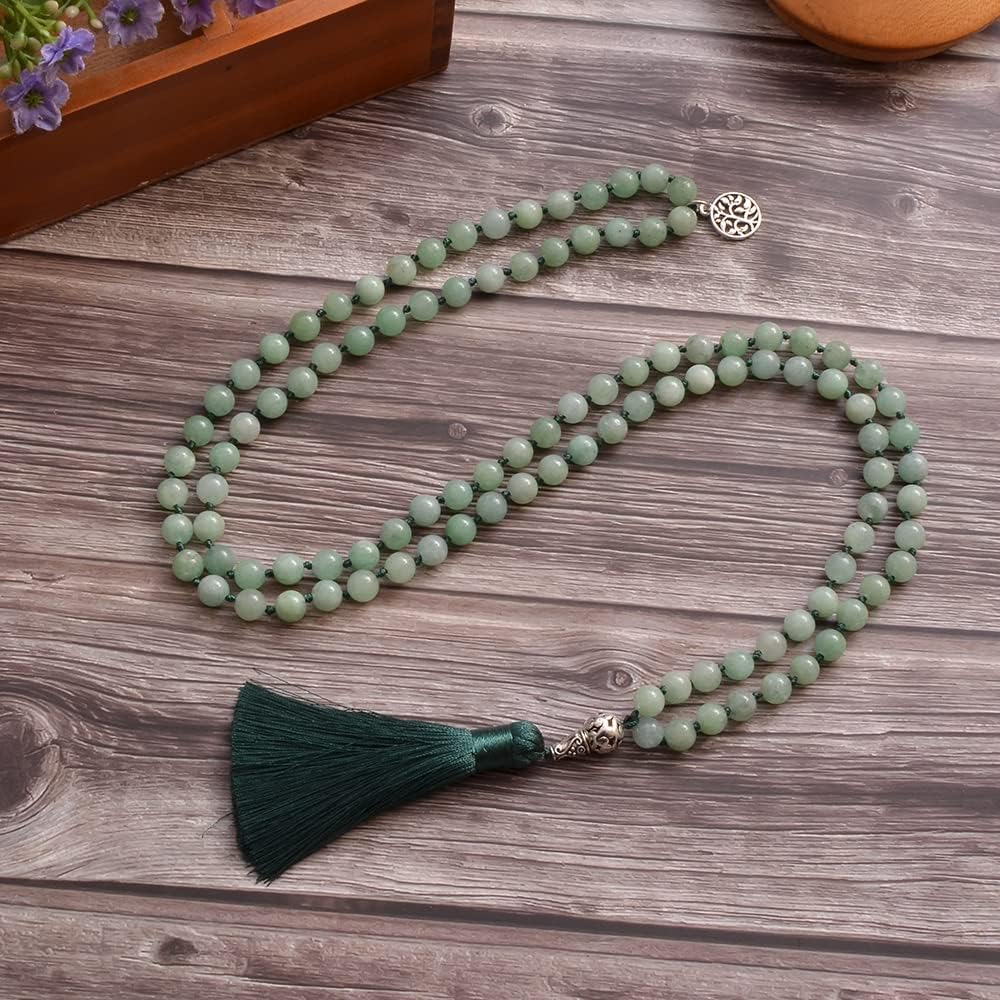 108 Mala Prayer Beads Necklace Natural Stones Meditation Yoga Jewery 108 Hand Knotted Japa Mala Beaded Long Tassel Necklace with Tree of Life Pendant for Men and Women