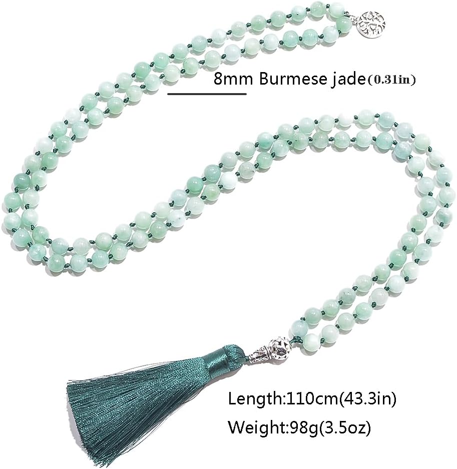 108 Mala Prayer Beads Necklace Natural Stones Meditation Yoga Jewery 108 Hand Knotted Japa Mala Beaded Long Tassel Necklace with Tree of Life Pendant for Men and Women