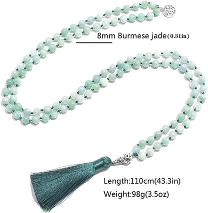 108 Mala Prayer Beads Necklace Natural Stones Meditation Yoga Jewery 108 Hand Knotted Japa Mala Beaded Long Tassel Necklace with Tree of Life Pendant for Men and Women