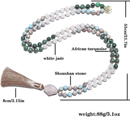 108 Mala Prayer Beads Necklace Natural Stones Meditation Yoga Jewery 108 Hand Knotted Japa Mala Beaded Long Tassel Necklace with Tree of Life Pendant for Men and Women
