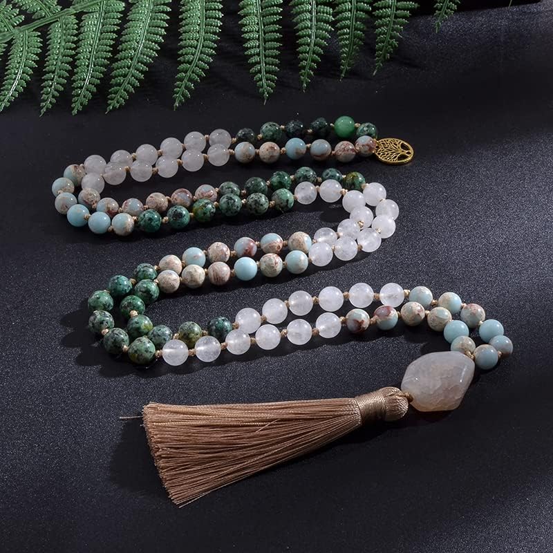 108 Mala Prayer Beads Necklace Natural Stones Meditation Yoga Jewery 108 Hand Knotted Japa Mala Beaded Long Tassel Necklace with Tree of Life Pendant for Men and Women