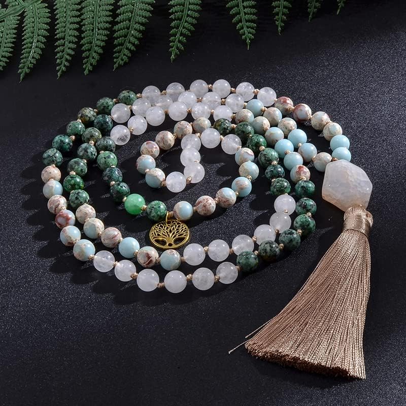 108 Mala Prayer Beads Necklace Natural Stones Meditation Yoga Jewery 108 Hand Knotted Japa Mala Beaded Long Tassel Necklace with Tree of Life Pendant for Men and Women
