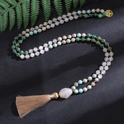 108 Mala Prayer Beads Necklace Natural Stones Meditation Yoga Jewery 108 Hand Knotted Japa Mala Beaded Long Tassel Necklace with Tree of Life Pendant for Men and Women