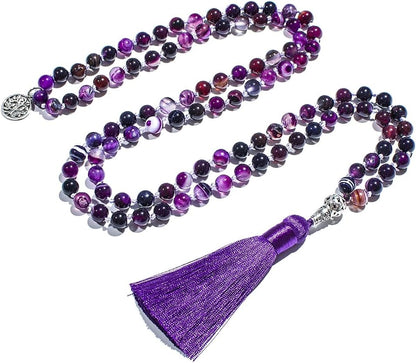 108 Mala Prayer Beads Necklace Natural Stones Meditation Yoga Jewery 108 Hand Knotted Japa Mala Beaded Long Tassel Necklace with Tree of Life Pendant for Men and Women