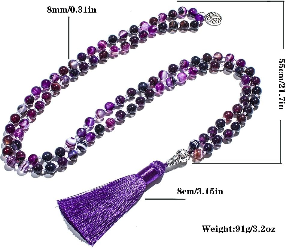 108 Mala Prayer Beads Necklace Natural Stones Meditation Yoga Jewery 108 Hand Knotted Japa Mala Beaded Long Tassel Necklace with Tree of Life Pendant for Men and Women