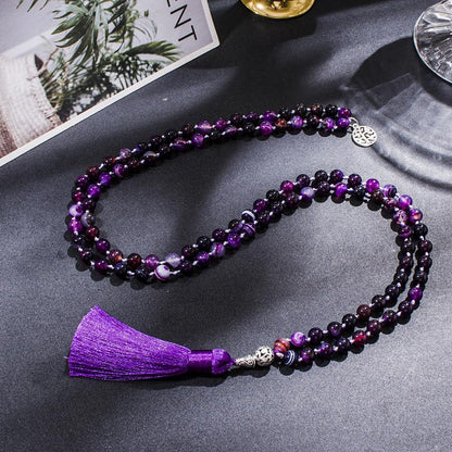 108 Mala Prayer Beads Necklace Natural Stones Meditation Yoga Jewery 108 Hand Knotted Japa Mala Beaded Long Tassel Necklace with Tree of Life Pendant for Men and Women