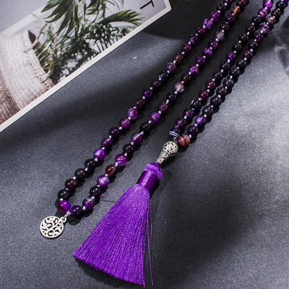 108 Mala Prayer Beads Necklace Natural Stones Meditation Yoga Jewery 108 Hand Knotted Japa Mala Beaded Long Tassel Necklace with Tree of Life Pendant for Men and Women
