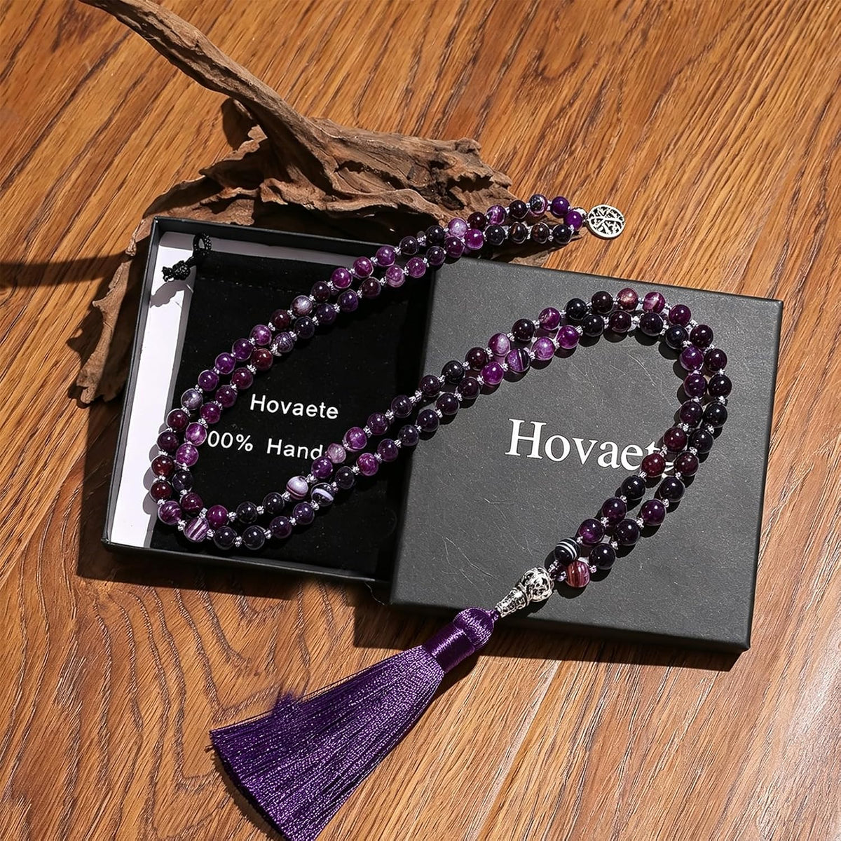 108 Mala Prayer Beads Necklace Natural Stones Meditation Yoga Jewery 108 Hand Knotted Japa Mala Beaded Long Tassel Necklace with Tree of Life Pendant for Men and Women