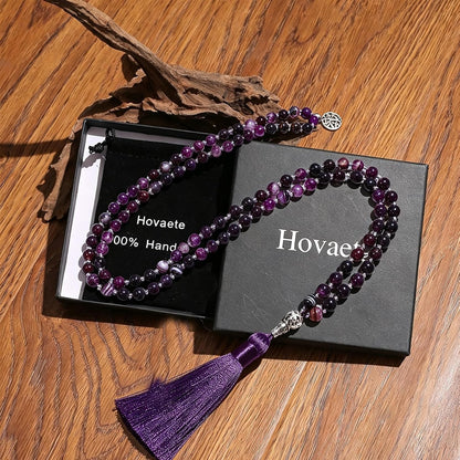 108 Mala Prayer Beads Necklace Natural Stones Meditation Yoga Jewery 108 Hand Knotted Japa Mala Beaded Long Tassel Necklace with Tree of Life Pendant for Men and Women