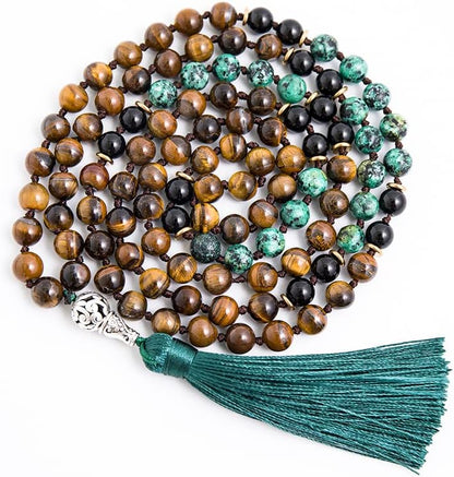 108 Mala Prayer Beads Necklace Natural Stones Meditation Yoga Jewery 108 Hand Knotted Japa Mala Beaded Long Tassel Necklace with Tree of Life Pendant for Men and Women