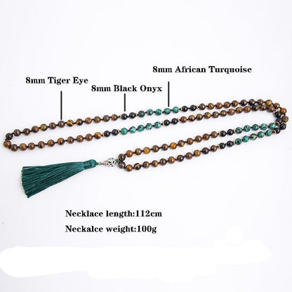 108 Mala Prayer Beads Necklace Natural Stones Meditation Yoga Jewery 108 Hand Knotted Japa Mala Beaded Long Tassel Necklace with Tree of Life Pendant for Men and Women