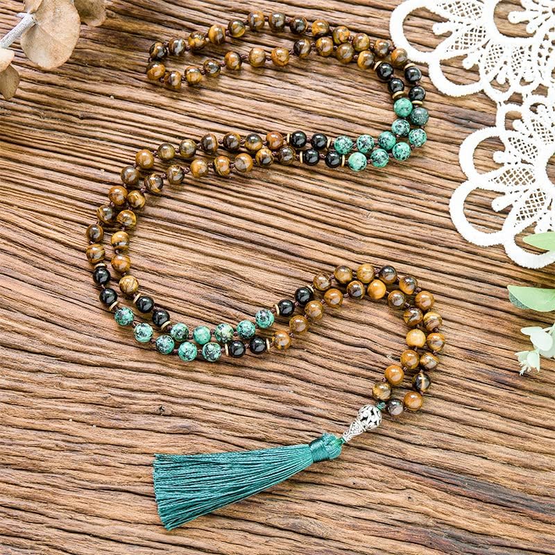 108 Mala Prayer Beads Necklace Natural Stones Meditation Yoga Jewery 108 Hand Knotted Japa Mala Beaded Long Tassel Necklace with Tree of Life Pendant for Men and Women