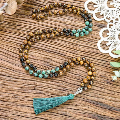 108 Mala Prayer Beads Necklace Natural Stones Meditation Yoga Jewery 108 Hand Knotted Japa Mala Beaded Long Tassel Necklace with Tree of Life Pendant for Men and Women