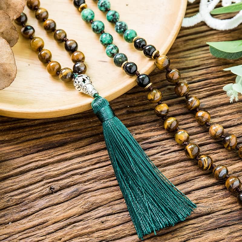 108 Mala Prayer Beads Necklace Natural Stones Meditation Yoga Jewery 108 Hand Knotted Japa Mala Beaded Long Tassel Necklace with Tree of Life Pendant for Men and Women