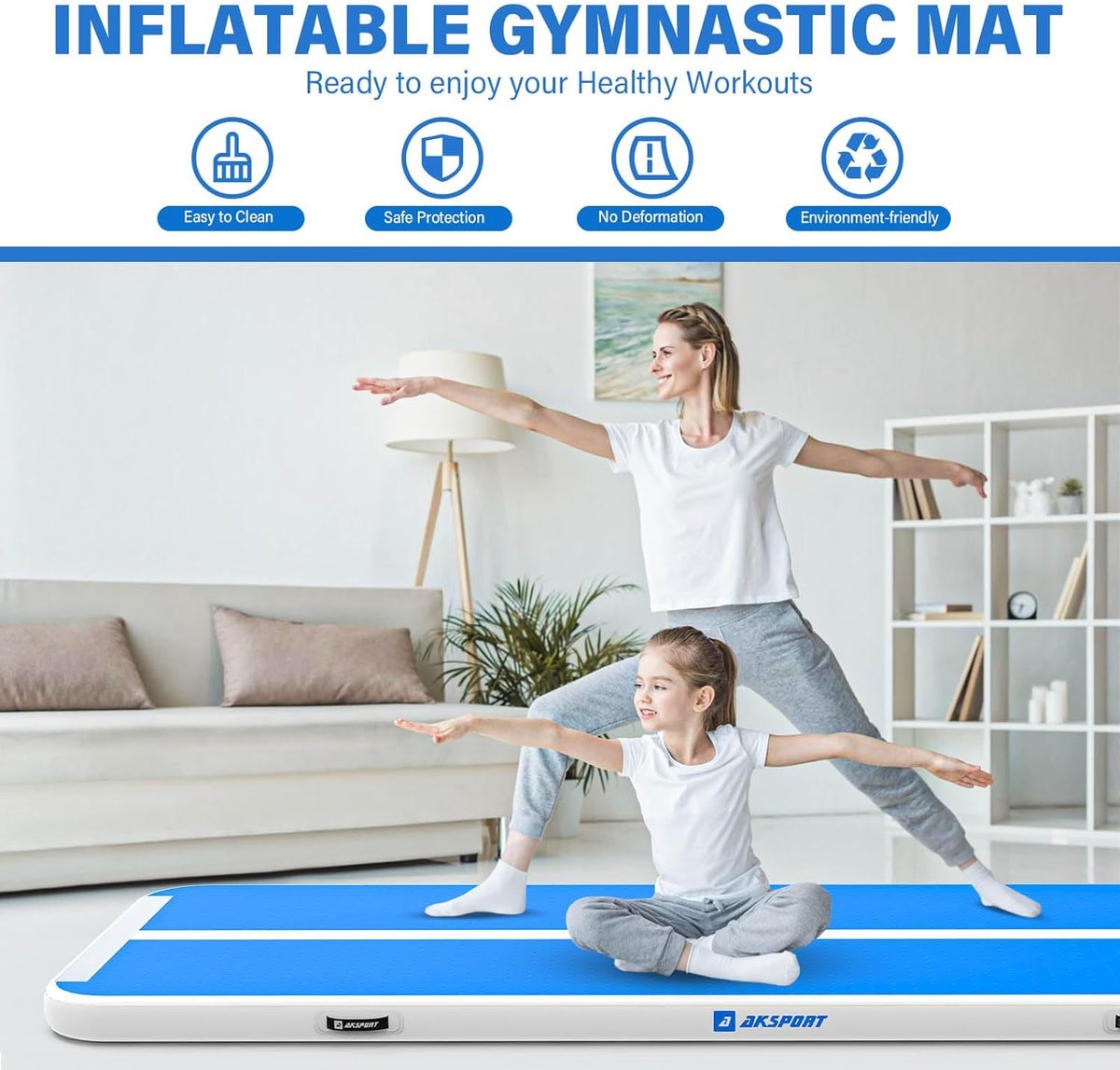 Gymnastics Air Mat Tumble Track Tumbling Mat Inflatable Floor Mats with Air Pump for Home Use/Tumble/Gym/Training/Cheerleading/Parkour/Beach/Park/Water