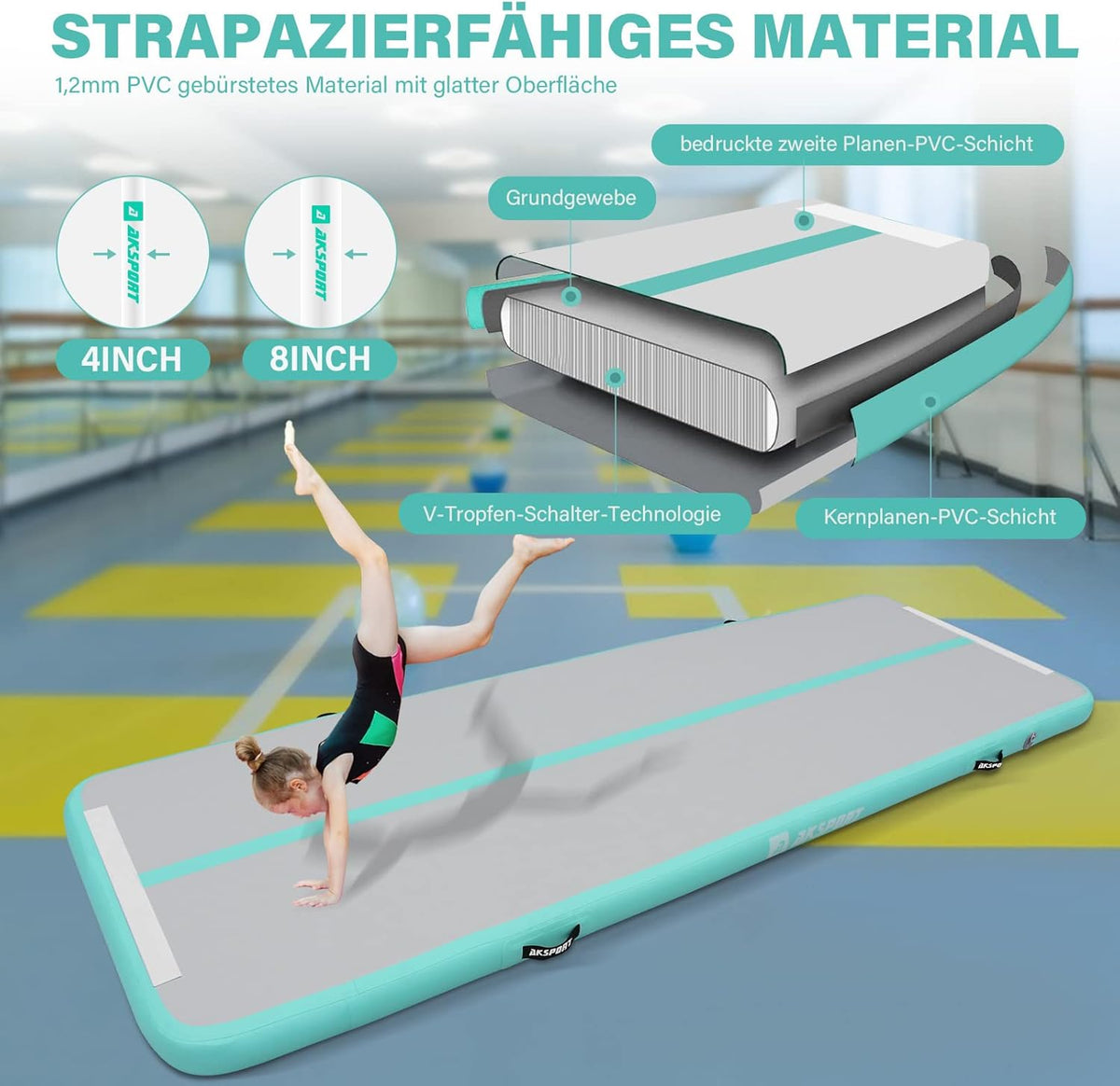 Gymnastics Air Mat Tumble Track Tumbling Mat Inflatable Floor Mats with Air Pump for Home Use/Tumble/Gym/Training/Cheerleading/Parkour/Beach/Park/Water
