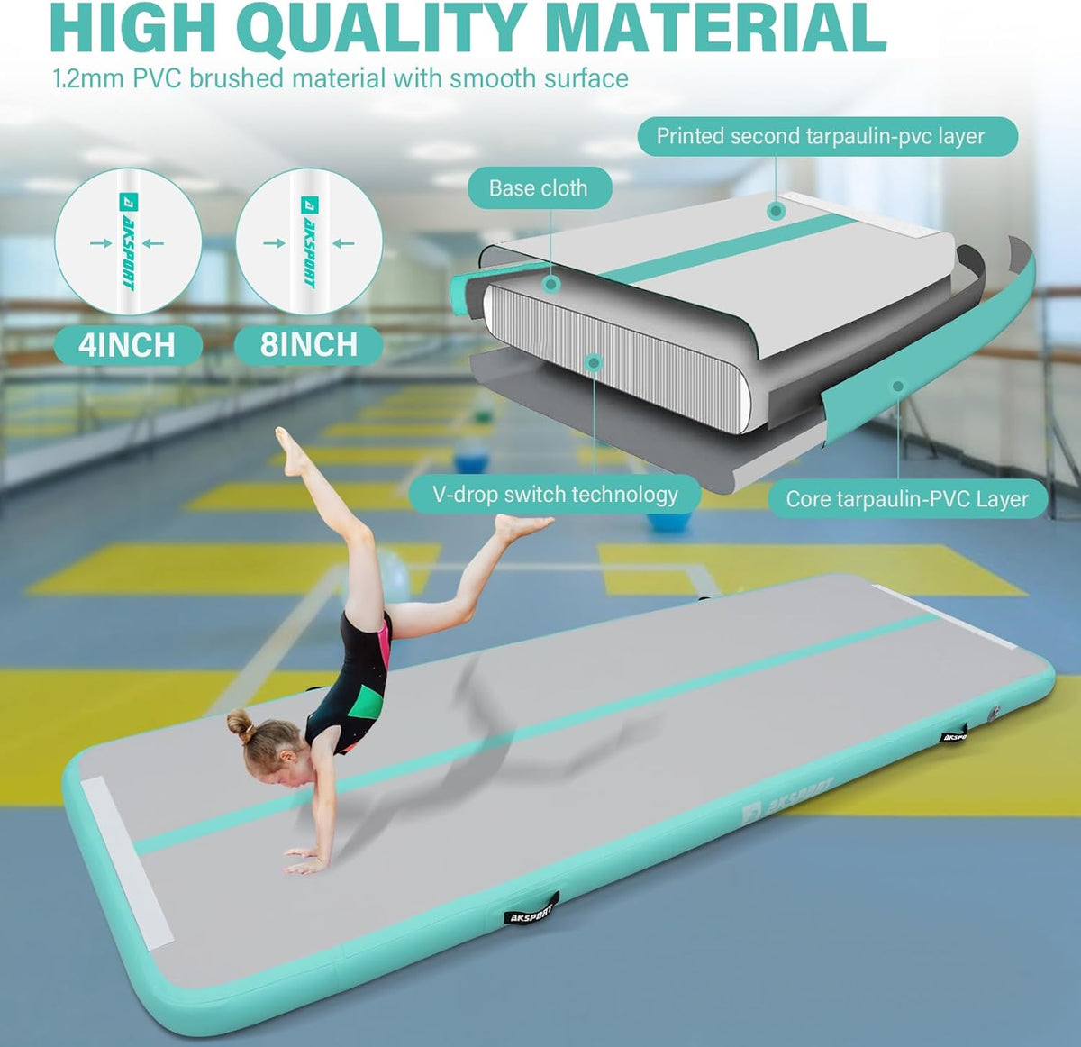 Gymnastics Air Mat Tumble Track Tumbling Mat Inflatable Floor Mats with Air Pump for Home Use/Tumble/Gym/Training/Cheerleading/Parkour/Beach/Park/Water