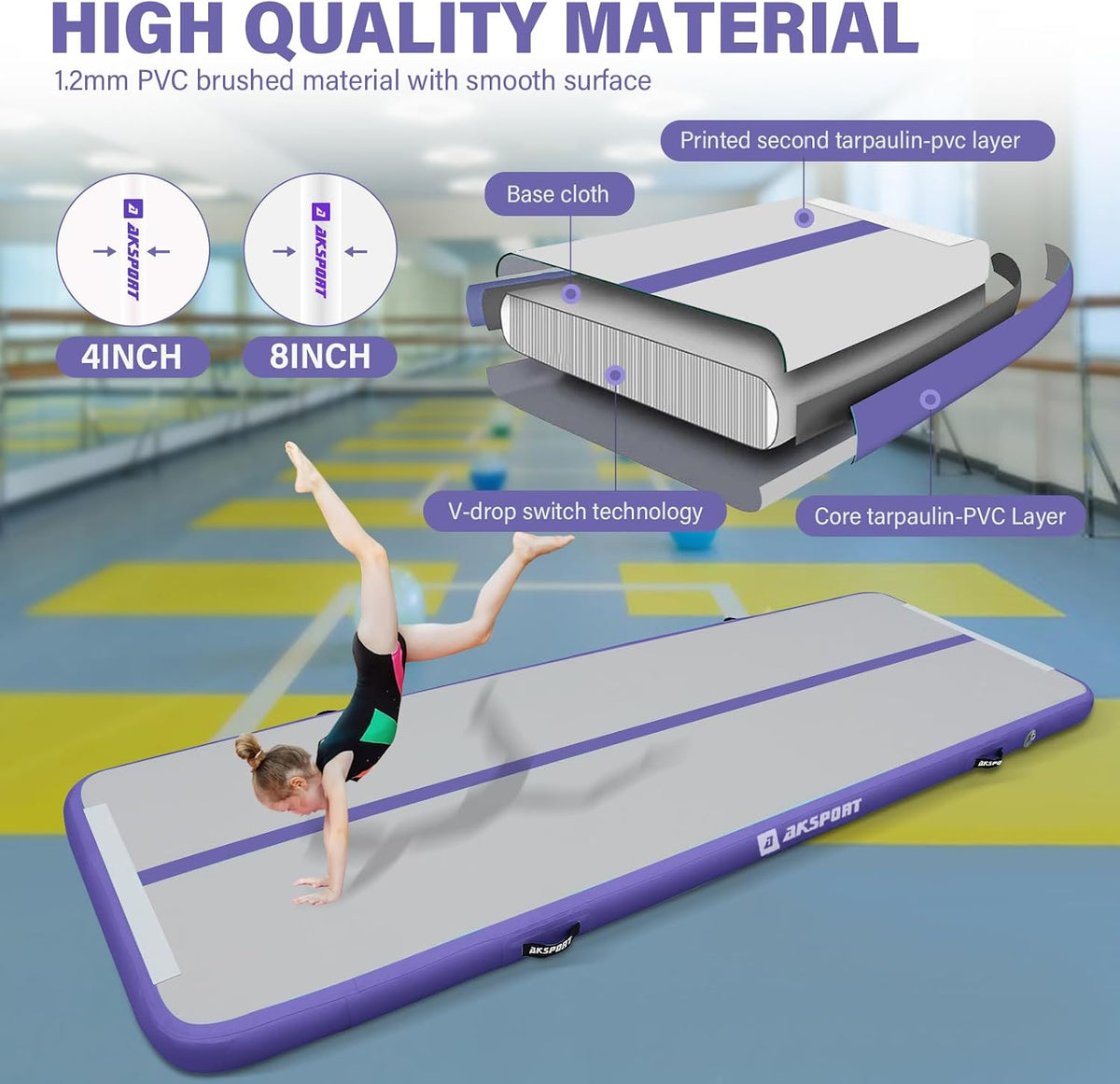 Gymnastics Air Mat Tumble Track Tumbling Mat Inflatable Floor Mats with Air Pump for Home Use/Tumble/Gym/Training/Cheerleading/Parkour/Beach/Park/Water