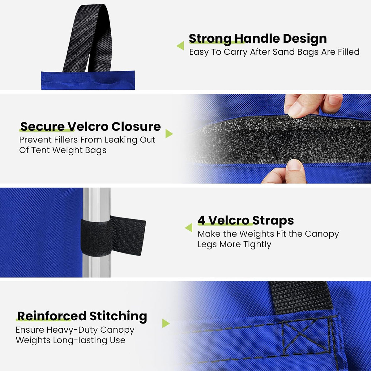 USA 4-Pack Universal Canopy Weights, Secure Wind Protection to Prevent Tipping, Easy Wrap-Around Installation Heavy Duty Sandbags (Without Sand), Fits All Instant Shelter Legs,Blue