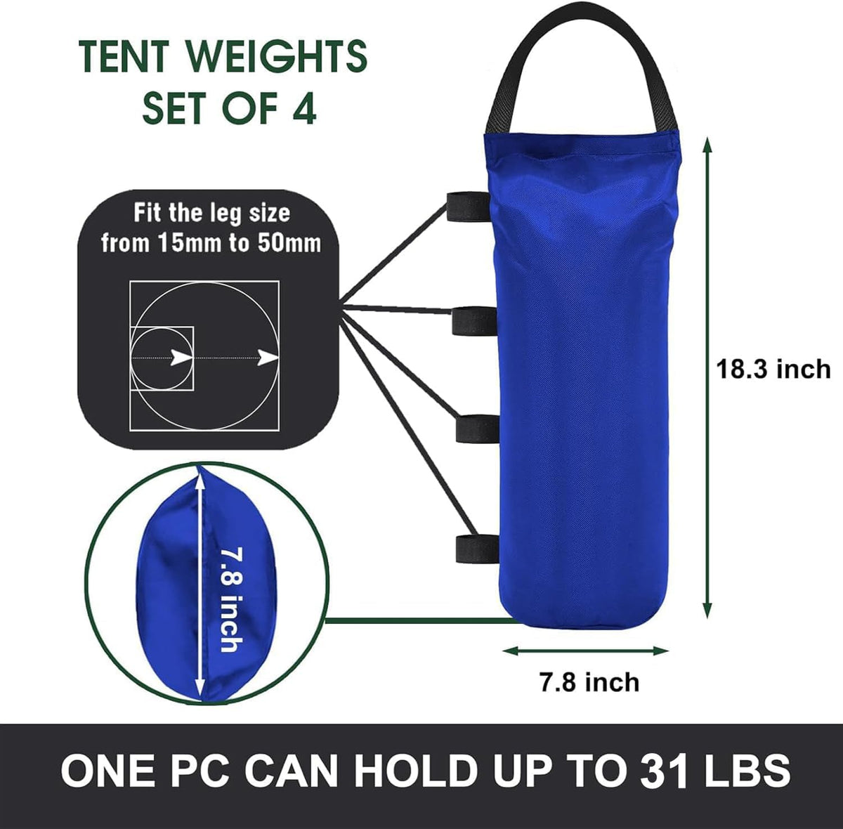 USA 4-Pack Universal Canopy Weights, Secure Wind Protection to Prevent Tipping, Easy Wrap-Around Installation Heavy Duty Sandbags (Without Sand), Fits All Instant Shelter Legs,Blue