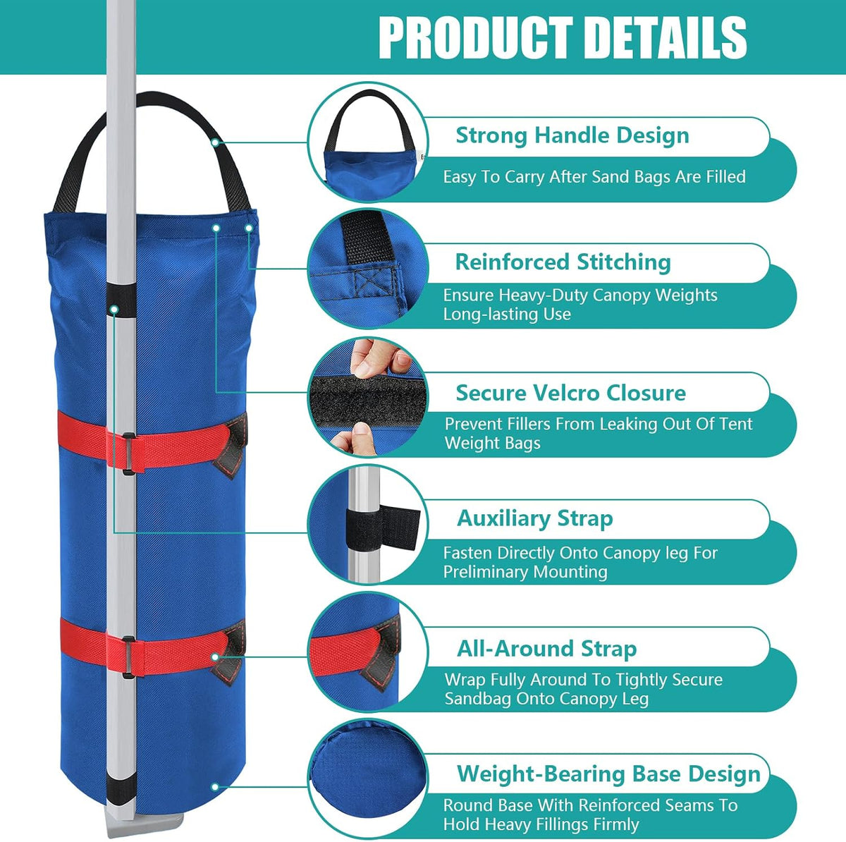 USA 4-Pack Universal Canopy Weights, Secure Wind Protection to Prevent Tipping, Easy Wrap-Around Installation Heavy Duty Sandbags (Without Sand), Fits All Instant Shelter Legs,Blue