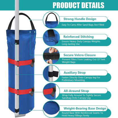 USA 4-Pack Universal Canopy Weights, Secure Wind Protection to Prevent Tipping, Easy Wrap-Around Installation Heavy Duty Sandbags (Without Sand), Fits All Instant Shelter Legs,Blue