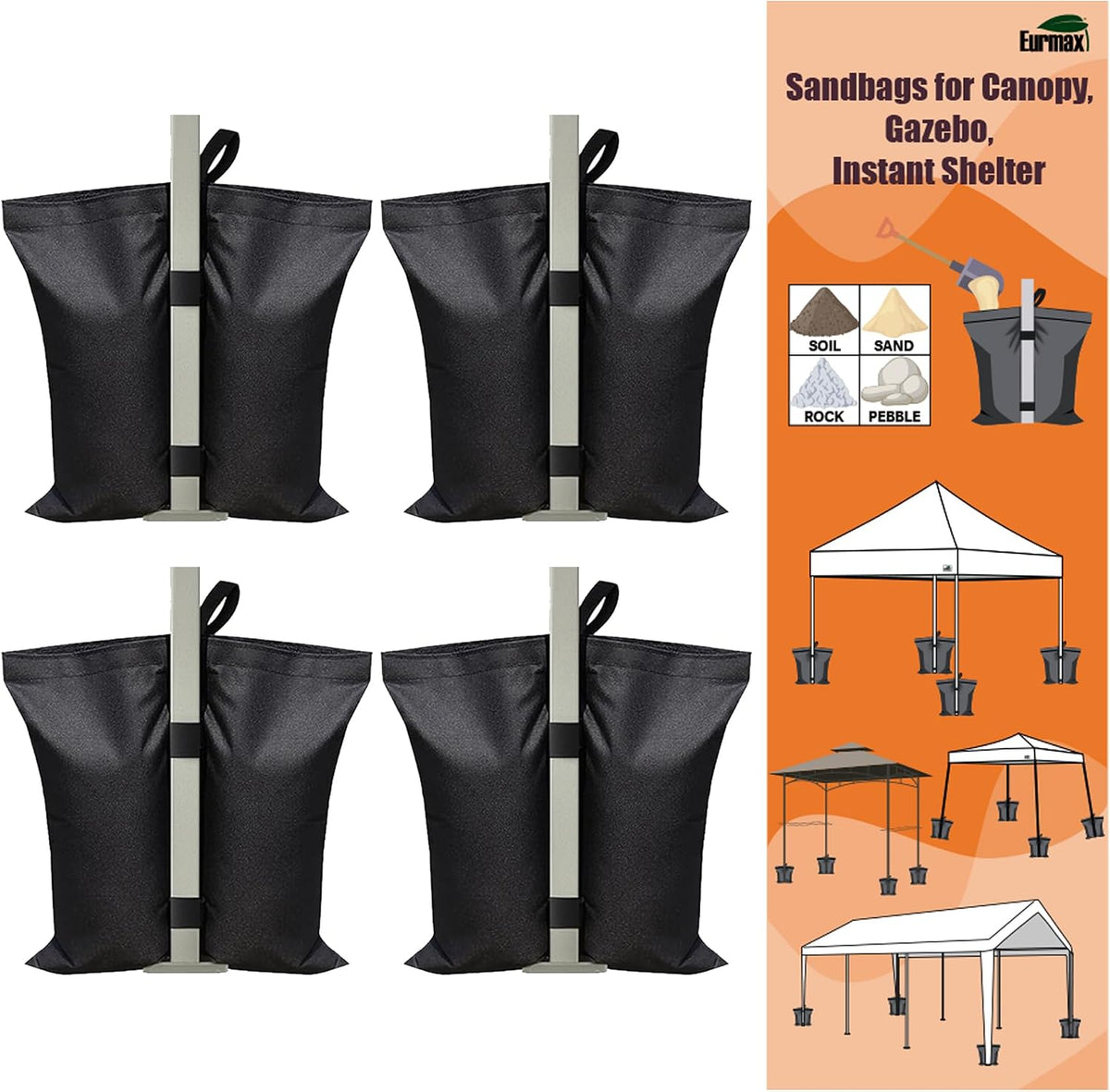 USA 4-Pack Universal Canopy Weights, Secure Wind Protection to Prevent Tipping, Easy Wrap-Around Installation Heavy Duty Sandbags (Without Sand), Fits All Instant Shelter Legs,Blue