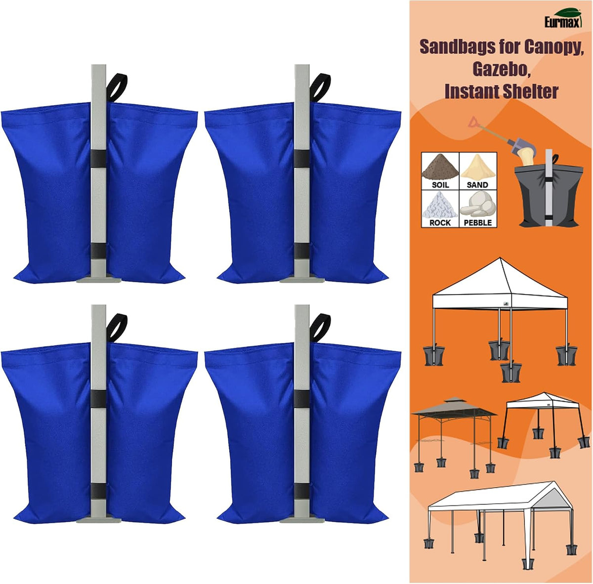 USA 4-Pack Universal Canopy Weights, Secure Wind Protection to Prevent Tipping, Easy Wrap-Around Installation Heavy Duty Sandbags (Without Sand), Fits All Instant Shelter Legs,Blue