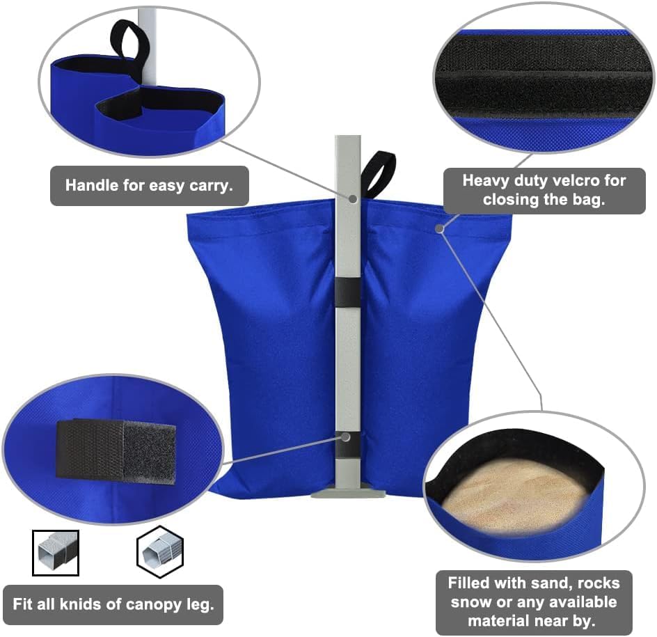 USA 4-Pack Universal Canopy Weights, Secure Wind Protection to Prevent Tipping, Easy Wrap-Around Installation Heavy Duty Sandbags (Without Sand), Fits All Instant Shelter Legs,Blue